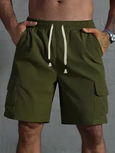 1 Piece Men's Corduroy Cargo Shorts, Casual Sport Shorts, Retro Streetwear Style, Textured Woven Fabric, Drawstring Elastic Waist, Dual Utility Pockets, Loose Fit for Summer Street Style, Vintage Outfits, and Daily Wear