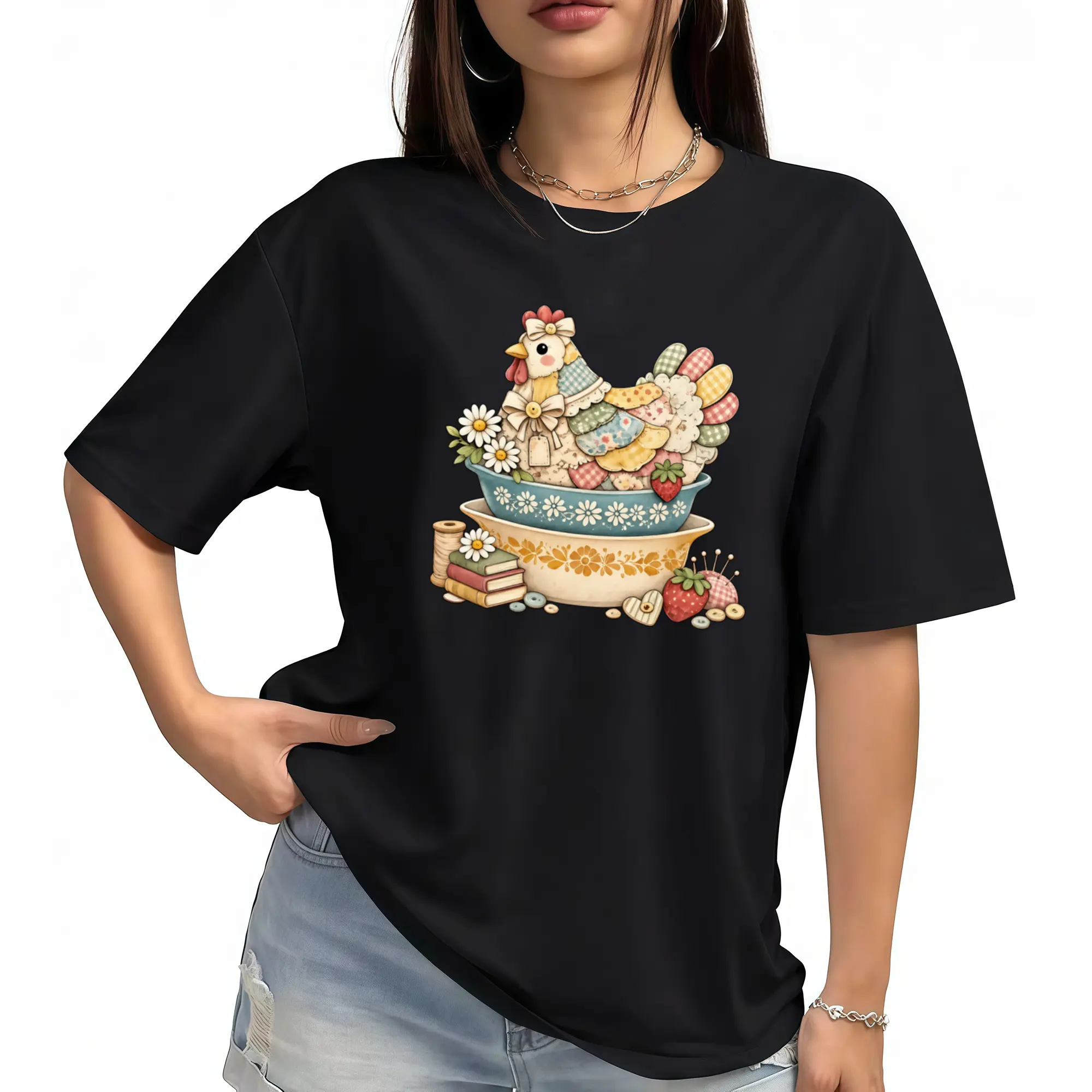 Patchwork Vintage Chicken Pyrex Inspired T-Shirt, Quilted Hen on Nest, Grandma Core Vintage Kitchenware Shirt, Printed Shirt