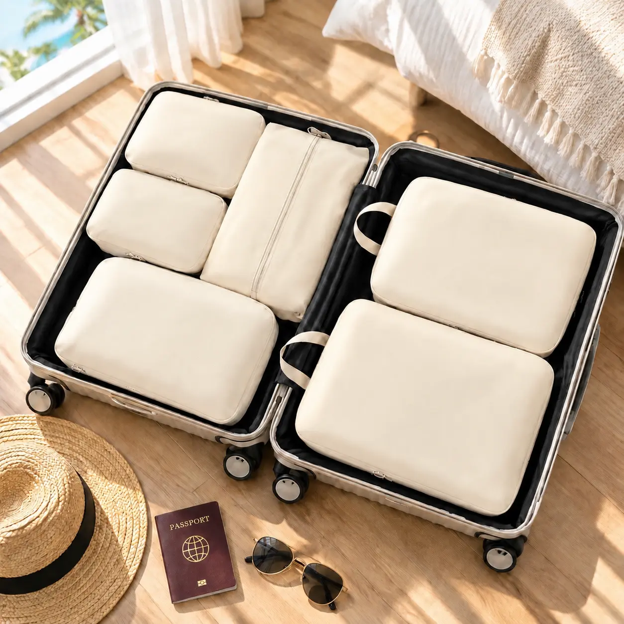 Compression Packing Cubes for Travel - 6 Pcs Waterproof Luggage Organizer Set, Space Saving Suitcase Packing Bags with Shoe Bag, Travel Essentials for Men & Women (Beige)