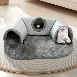 3-In-1 Cat Tunnel Bed & Toy House, Soft Polyester Pet Nest with Fleece Lining, Small Cats and Rabbits (under 8kg), Non-Slip Bottom, Easy Clean Design, Kitten Condo