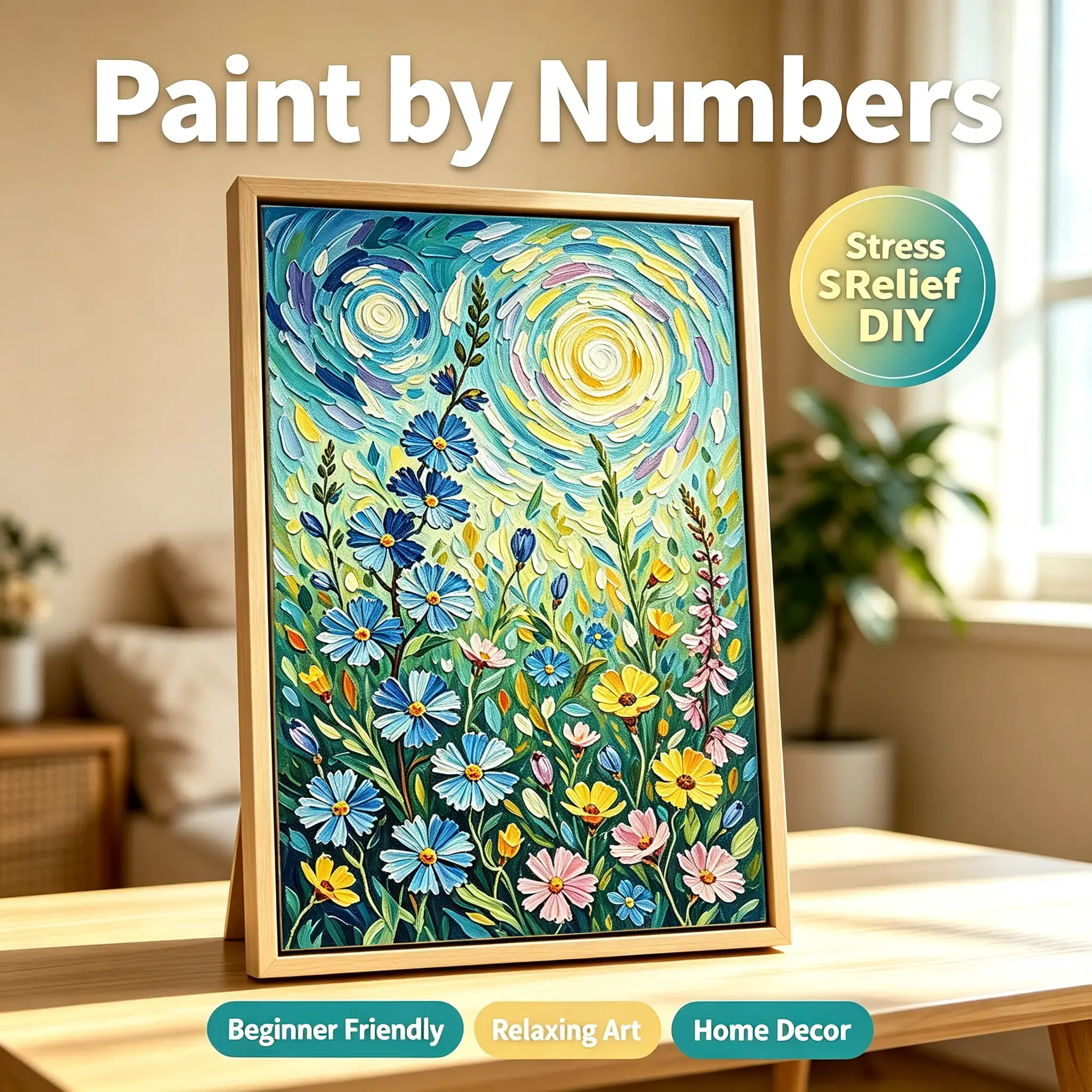 Beginner Paint By Numbers Kit, 24-Color Pre-Printed Canvas, DIY Hand-Painting Art for Home Wall Decorative Paintings