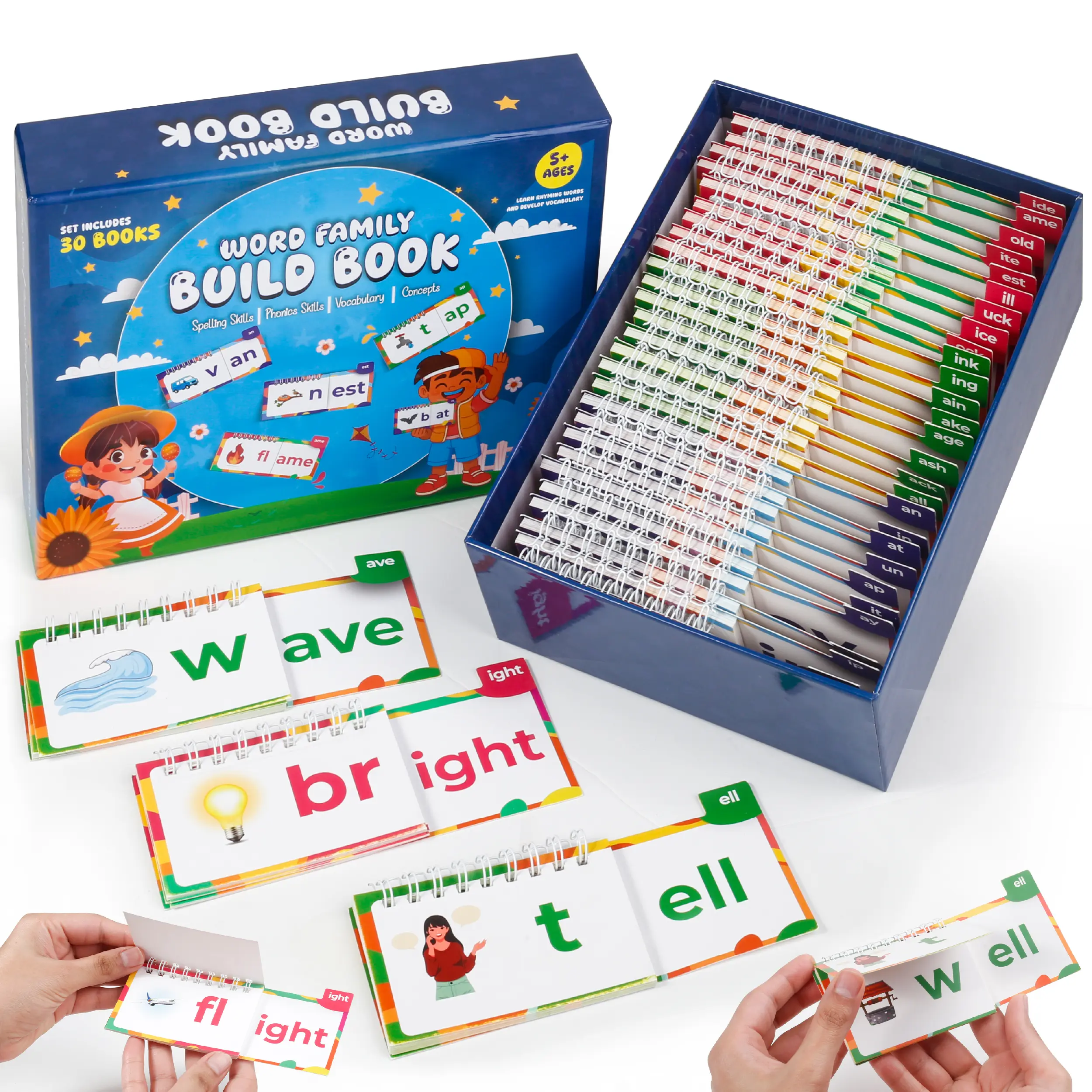 Phonics Flash Cards Word Family Build Book, 30 Rhyme Flip Books Word Family ABC Vocabulary Flashcards Set for Kindergarten Sight Words Learn to Read Phonics Flash Cards Activity Games Rhyming Reading Toys for Kids Toddlers Ages 3-8 Years Old
