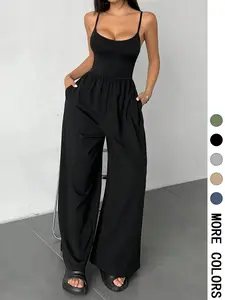 Women's Solid Color Cami Jumpsuit, Casual Comfy Wide Leg Jumpsuit for Summer, Women's Jumpsuit for Daily Wear