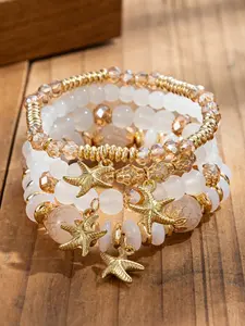 4pcs/Set Bohemian Style Starfish Pendant Beaded Crystal Bracelet Set, Fashion Stackable Jewelry For Women, Suitable For Beach Vacation, Daily Wear And Summer Gift, Praia, Beaded Bracelets Set