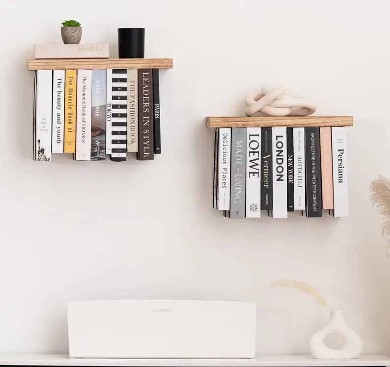 Floating Book Shelves for Wall Mounted Set of 2 - Upside Down Space Saving Unique Wall Bookshelf, Rustic Wood Floating Bookshelves
