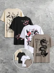Men's Dragon & Japanese Character Print Round Neck Tee, Regular Fit Casual Short Sleeve T-shirt for Summer, Men's Top for Daily Wear, Tropical, Streetwear