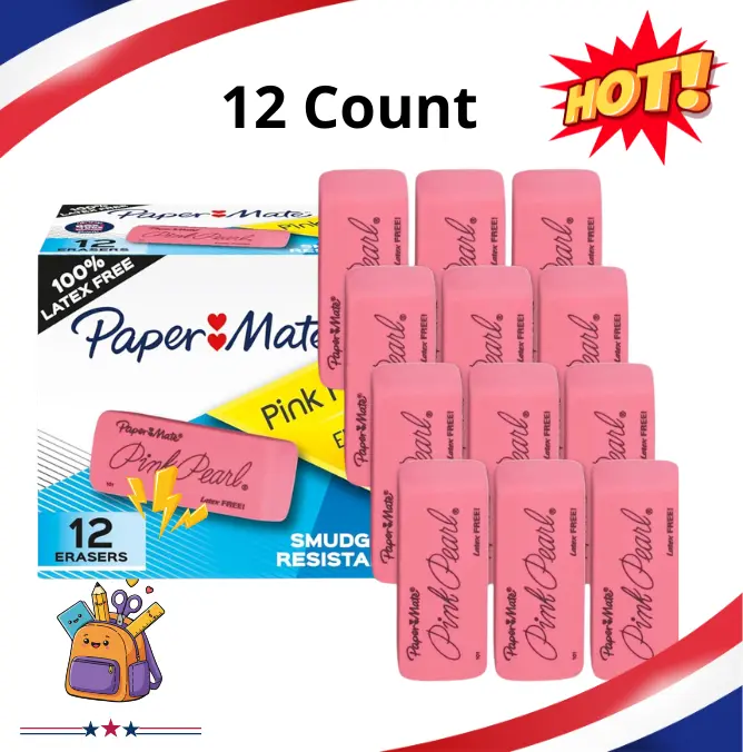 Paper Mate Pink Pearl Erasers, 12 Count, Latex Free, Smudge Resistant, Back to School Supplies, Clean Erasing for Classroom & Teachers