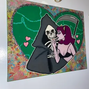 16 in. x 20 in. Skull Love Acrylic, Glitter, Black Light Painting