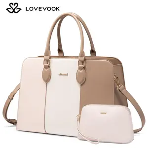 LOVEVOOK Laptop Tote Bag for Women, Stylish Leather Shoulder Bag with Small Pouch, Color Block Crossbody Bag for Commuting, Office, Business Trips TikTokShopStockUp