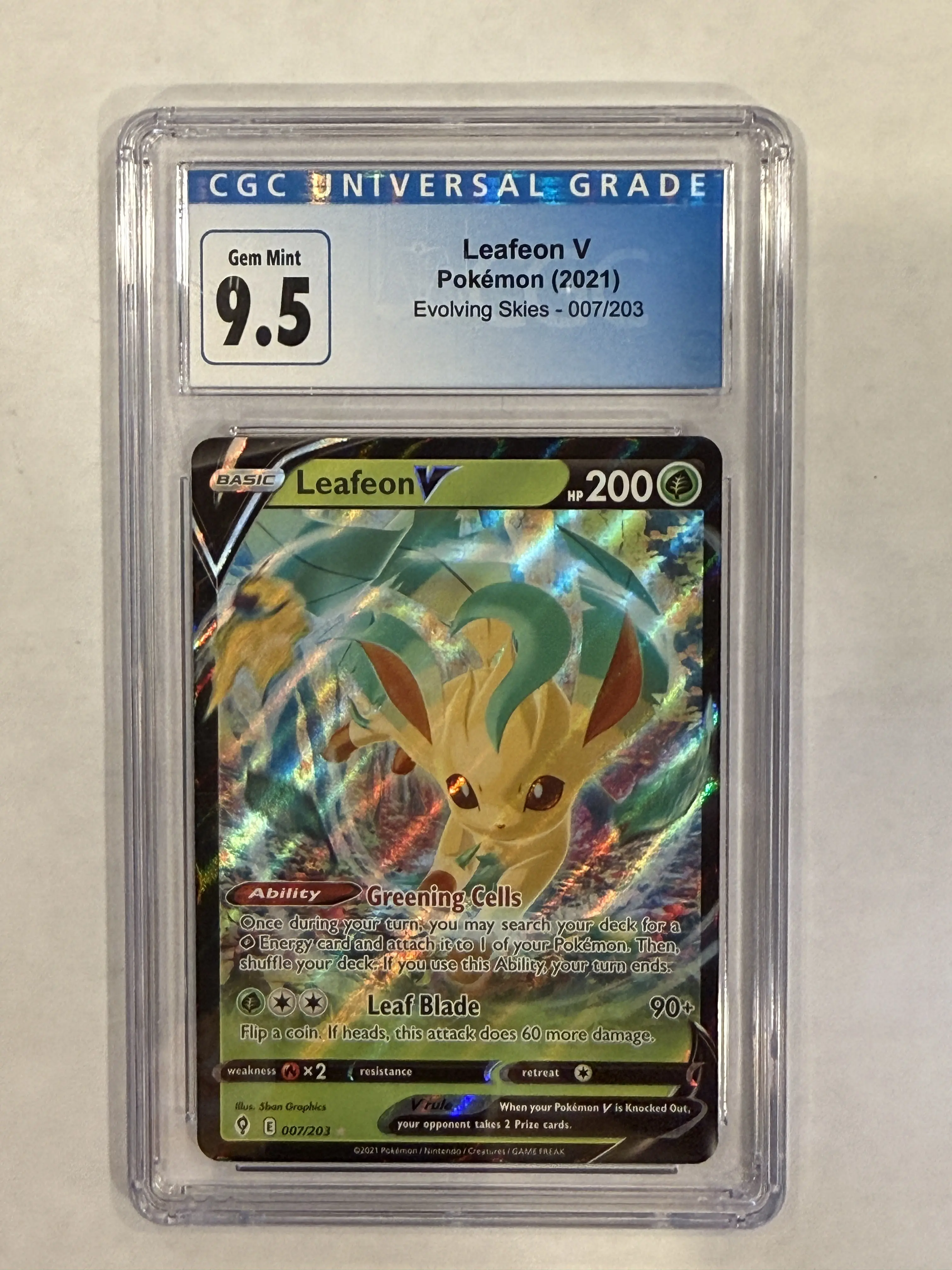 GRADED AUTHENTIC POKEMON TCG CGC-GRADE-9.5 SCANS AS 10-LEAFEON V-EVOLVING SKIES-#007/203