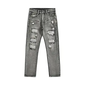 Black-Grey High-Cotton Slim-Fit Jeans | Heavy Distressed Streetwear Denim