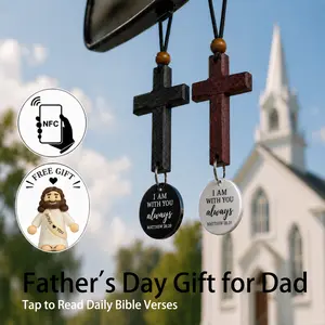 Daily Bible Verse NFC Cross for Car Mirror – Handcrafted Sandalwood Christian Car Hanging Cross, Meaningful Faith Gift for Drivers, Christian Gift for Men & Women, Dad, Mom, Husband, Wife, New Driver, Rearview Mirror Car Charm, fathersday gift