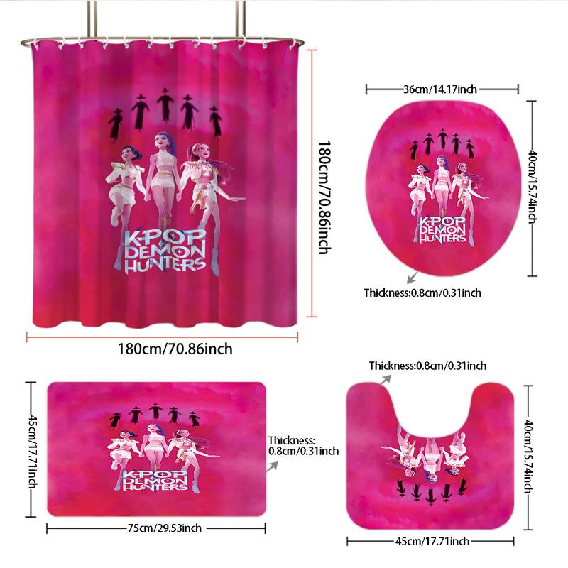 4pcs K-POP Demon Hunters Bathroom Set, Shower Curtain with Hooks, Non-Slip Bath Rug, U-Shaped Toilet Mat, Toilet Lid Cover, Bathroom Decoration Accessories
