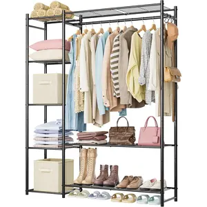Wardrobe Closet,Portable Clothes Rack with 4 Tiers Shelves,Freestanding Closet Organizers and Storage System with  Rods,Steel Clothing Rack Suitable for Cloakrooms,Bedrooms,Entrances,etc.Black