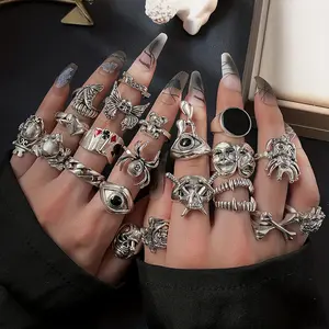 Bold Black Punk Rings - 24PCS Exaggerated Retro Skeleton Spider Playing Cards Alloy Jewelry Set for Men Women Casual Unisex Fashion Accessories