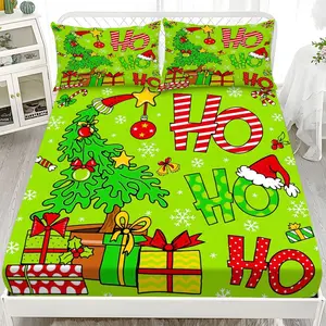 Fitted Sheet 3-Piece Set - 2D Flat Christmas Tree HoHoHo Pattern Mattress Cover (1 fitted sheet + 2 pillowcases, no insert), comfortable sheets, skin-friendly and breathable bedding, suitable for family bedrooms and guest rooms, all year round.