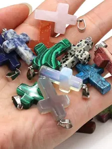 30pcs Cross Charms, Multicolor Chakra Stone Cross Pendants, DIY Jewelry Making Supplies, Random Colors, All Seasons Accessories