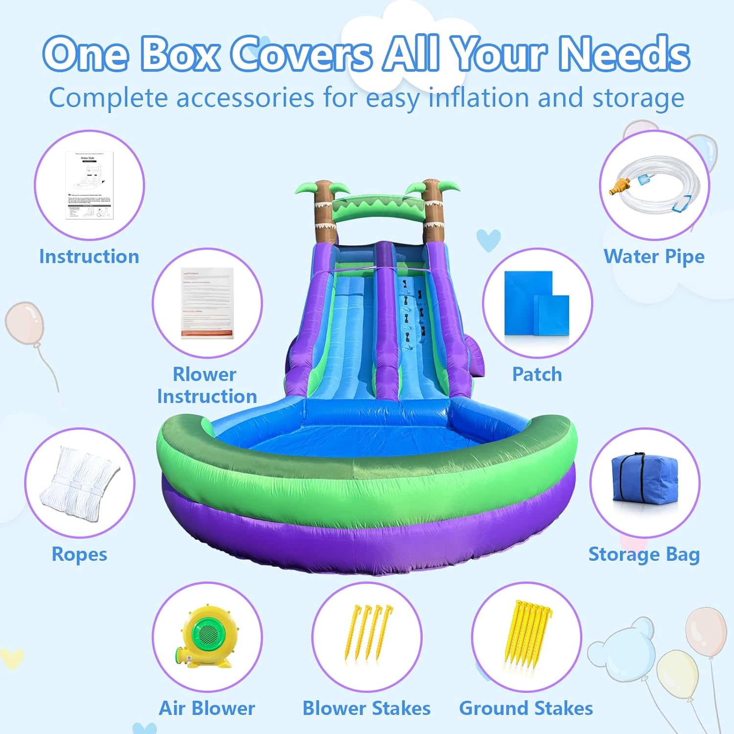 Inflatable Grade Water Slide for Kids and Adults with Big Splash Pool, 22.5 * 9.84 * 10.6FT Backyard Party Rainforest Oxford Water Slide with Air Blower & Water Pipe