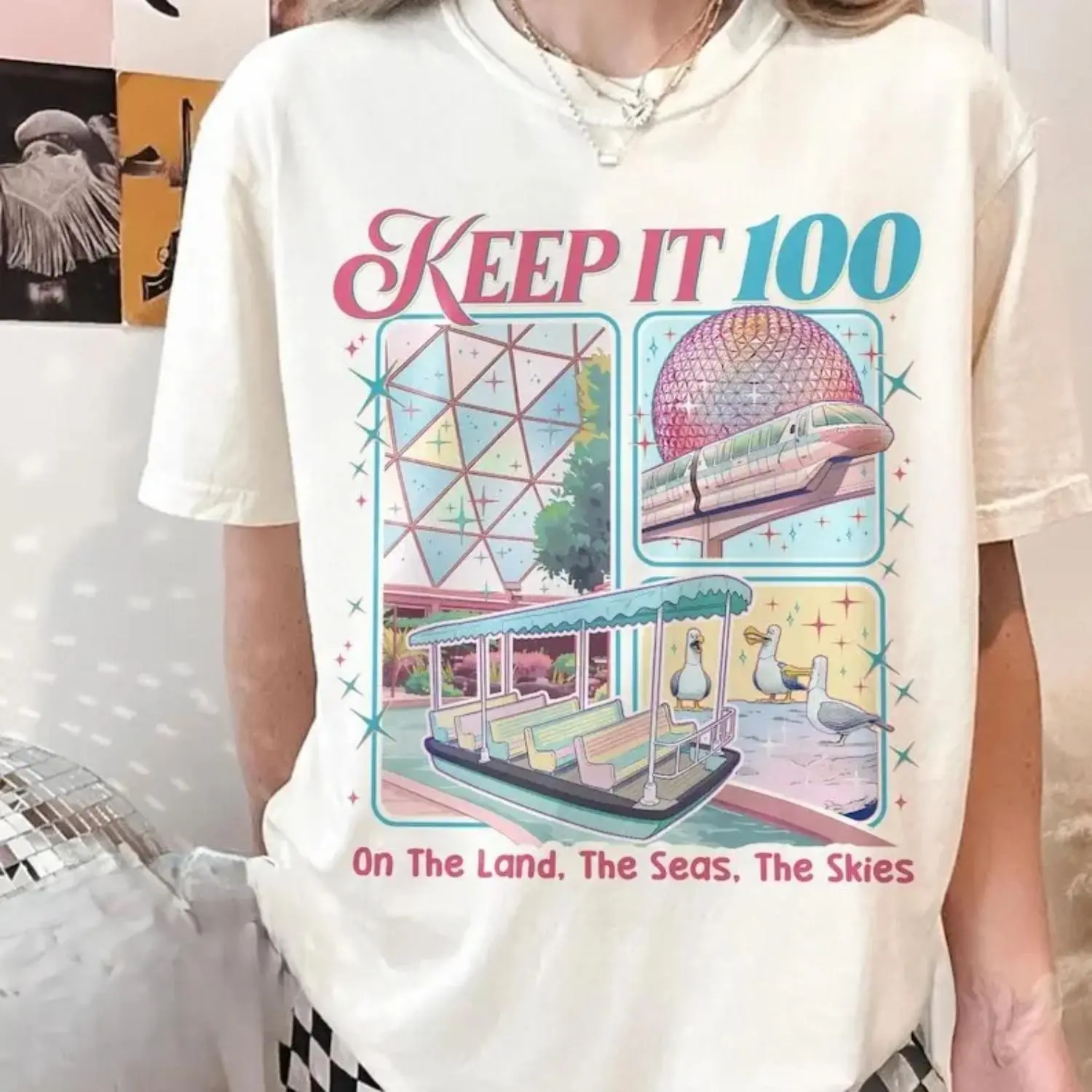 Women's Classic Crew Neck Shortleeve Cotton Blend Retro Keep It 100 Graphic Print Top - The Land The Seas The Skies Art Tshirt, Relaxed Fit Casual Everyday Wear Apparel for Magic Kingdom Family Trip Gift, Trip-Ready, Shortsleeve, Breathable Fabric