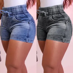 Spring and summer new slim fit denim shorts women's high waist elastic waist tie hot pants fashion trend nü'zhuang Jean Blue Womenswear Bottom Basic Minimalist