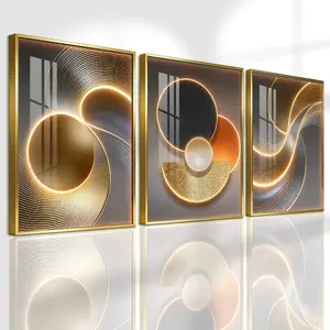 3 Counts Aluminum Alloy Framed Painting, Art Deco Style, Aesthetic Design Modern Geometric Abstract Light Art Pictures, Home Decoration For Living Room, Bedroom, Odorless Print Artwork, Gift For Friends And Family