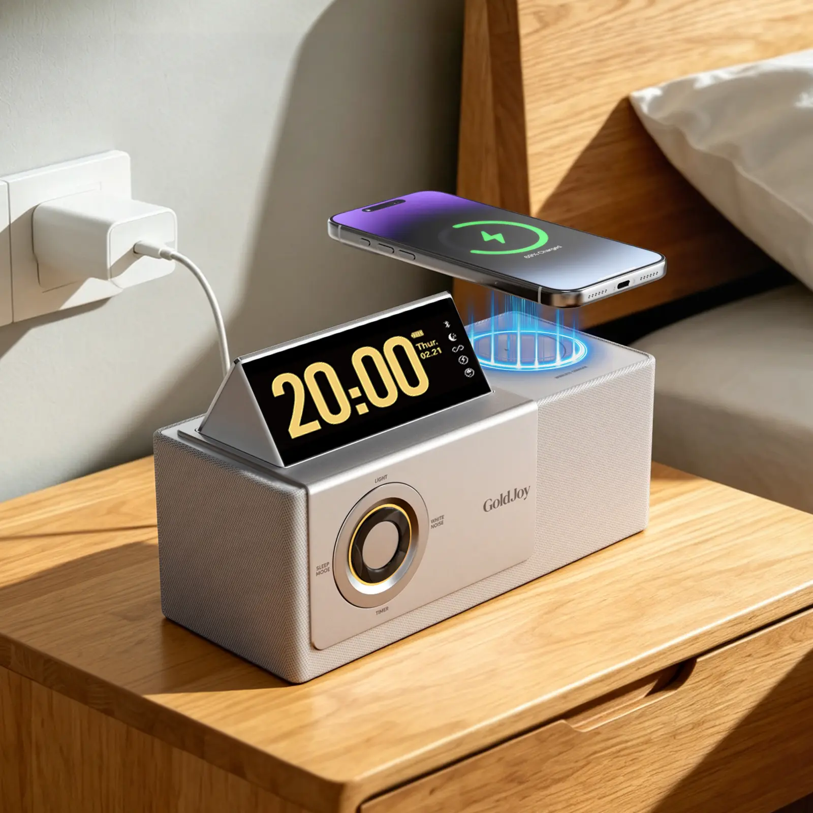 GoldJoy 7 in 1 Bluetooth Speaker Wireless Charging Station for Home Gift | Sound with Punchy Bass, Sunset Lamp & White Noise for Sleep, Smart Flip-Up LCD Display, Clock Syncs Phone's Time and Date