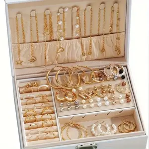 86-piece set of fashionable and elegant gold-plated butterfly necklace, heart-shaped ring, imitation pearl earrings, earrings, 4 in 1 multi-piece jewelry set, suitable for girls' daily travel, party and holiday gifts, fashion accessories (without box)