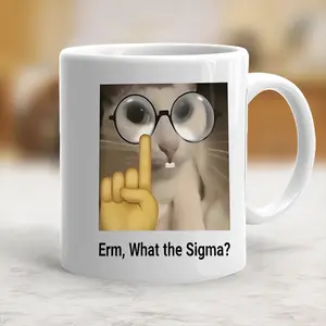 Funny Sigma Nerd Cat "Erm What" Printed Ceramic Coffee Cup, Reusable Stylish Kitchenware Drinkware - scs11111