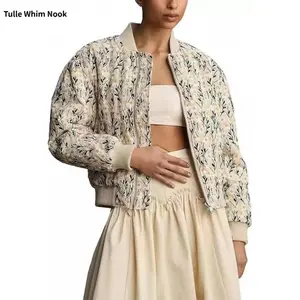 Women's Embroidered Daisy Short Bomber Jacket with Quilted Padded Sleeves and Two Side Pockets Casual Spring Coat