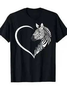 Women zebra striped t-shirt heart-shaped cute zebra t-shirt 220 g100% cotton t-shirt, breathable comfort, clean design, for women, outdoor activities, Juneteenth National Independence Day, Presidents' Day