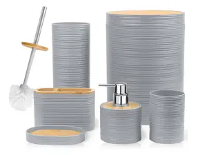 Bathroom Accessories Set 6 Piece Bamboo Bath Ensemble Includes Soap Dispenser, Toothbrush Holder, Toothbrush Cup, Soap Dish for Decorative Countertop and Housewarming Gift, Sriral Grey