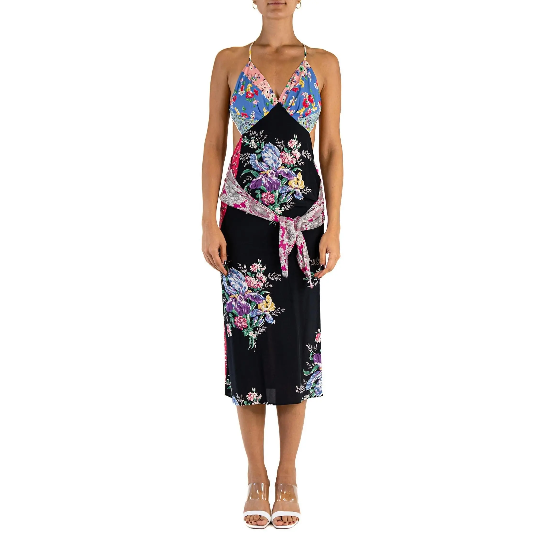 MORPHEW COLLECTION Black Bias Cut 1940S Cold Rayon Floral Sagittarius Dress