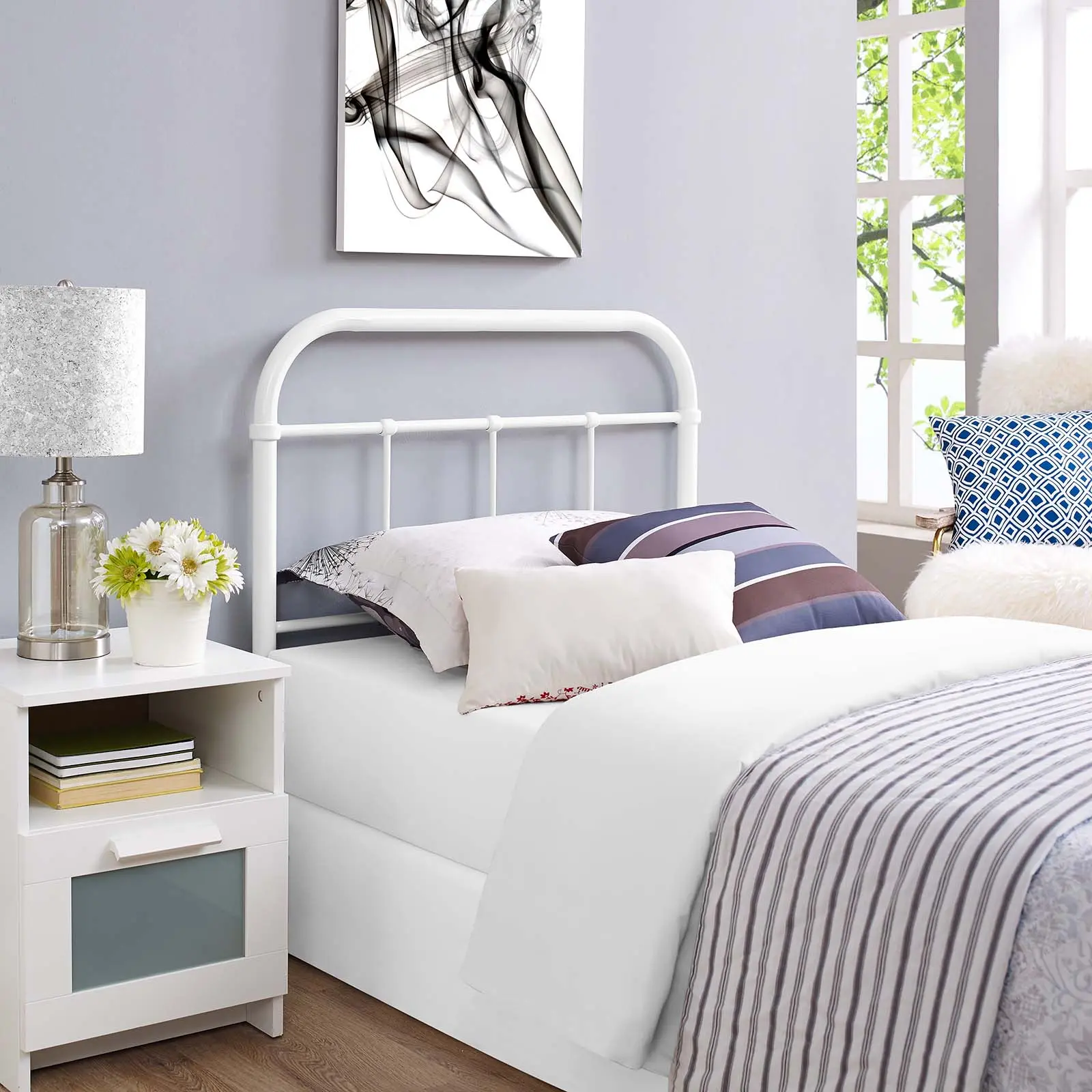 Modway Serena Sturdy Twin Sized Steel Frame Headboard, White, Decorative Metal Headboard with Reinforced Beam, Modern