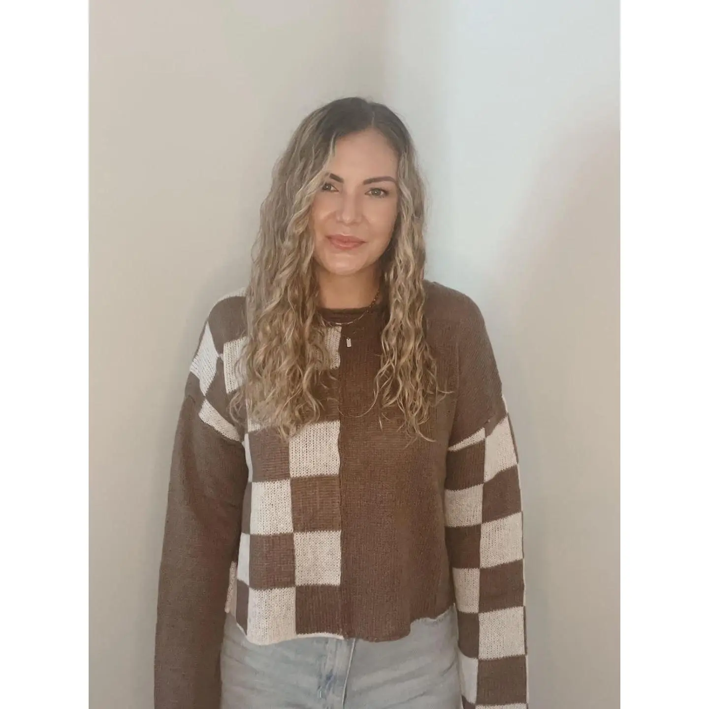 Women's Iced Mocha Checkered Knit Sweater for Winter - Fit Knitwear