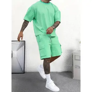 Men's Solid Drop Shoulder Tee & Drawstring Waist Shorts Set, Casual Fashion Cozy Round Neck T-shirt & Pocket Cargo Shorts for Daily Workout Running, Clothes