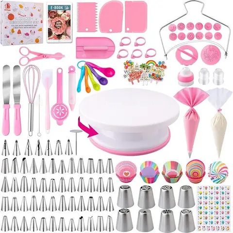 Nifogo Durable Cake Decoration Supplies Kit for Beginners - 356-Piece Blue, 301-Piece Light Pink Bakeware Set with Cake Turntable, Precise Piping Bags, Piping Tips, 33-Set (25mm) Cotton Bag, Pastry Decorating Baking Supplies