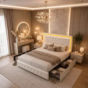 GEGOFORU Queen LED Upholstered Bed Frame with Crystal Tufted Headboard & Footboard, RGB Lights, Adjustable Headboard, Noise Free Platform Bed, No Box Spring Needed