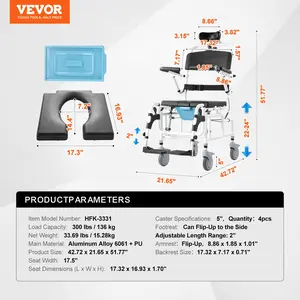Summervibes VEVOR Shower Wheelchair, 17.5in Width Aluminum Alloy Bathroom Wheelchair for Inside Shower, Adjustable Rolling Shower Chair w/ Brake for Disabled Adult, 300 lbs Capacity Shower Transport Chair