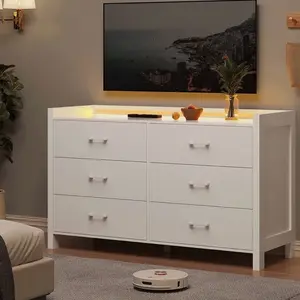 6-Drawer Double Dresser with LED Lights – Interior Organizing Storage Organizer, Apartment Furniture Cabinets for Bedroom, Hallway