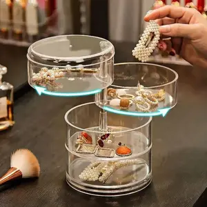 360 Degree Rotating Transparent Jewelry Box for Ear Studs Necklaces Bracelets Headbands Jewelry Organizer Storage Box Multi Compartment