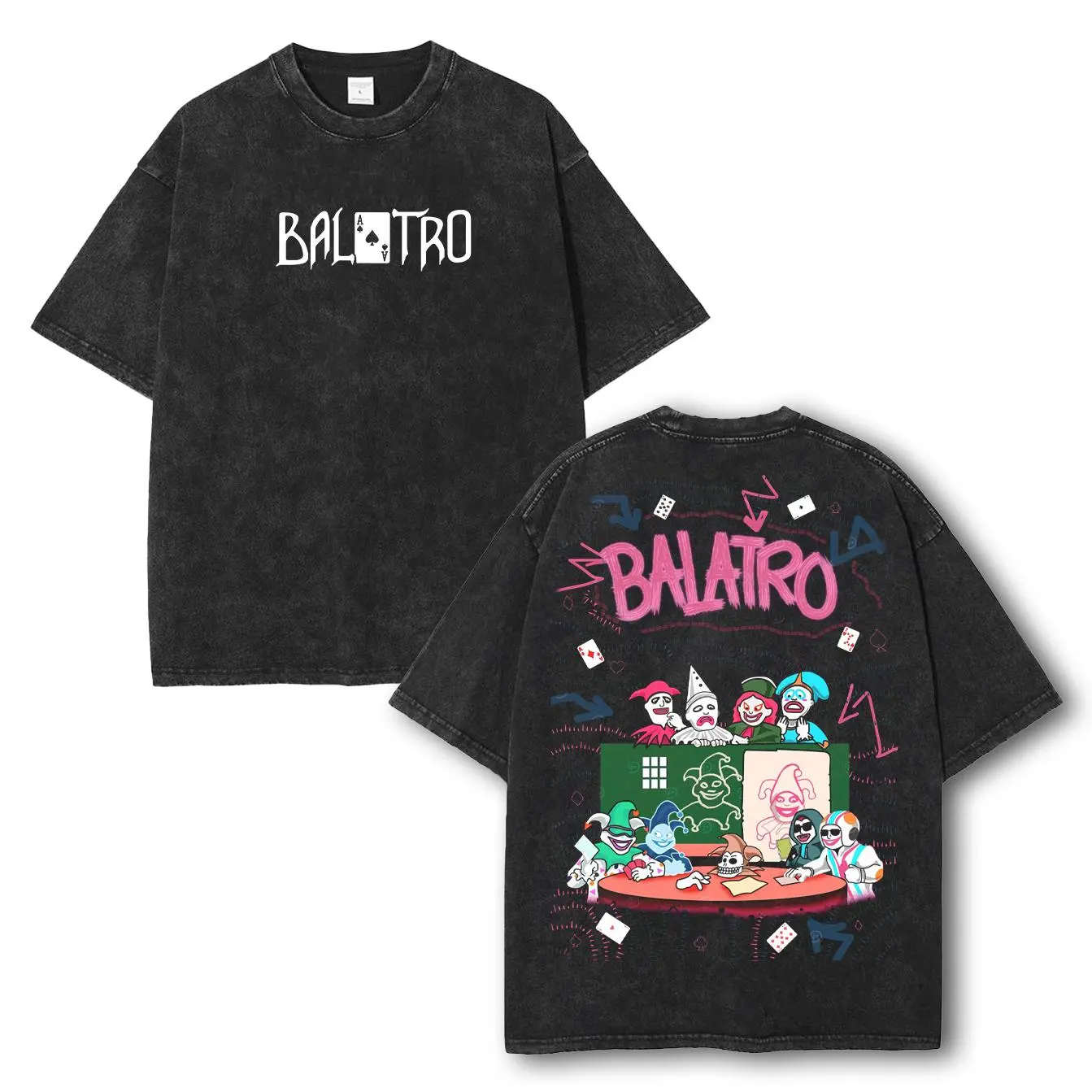 Balatro Joker Double Sided T-Shirt, Vintage Washed Oversize Unisex Tee, Indie Card Game Inspired Streetwear tee unisex heavyweight cotton t-shirt washed vintage t-shirt Casual Graphic Menswear Top unisex streetwear merch