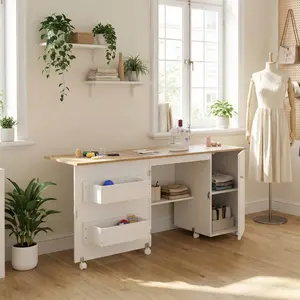 Folding Sewing Table with Compact Design – Multipurpose Craft Station & Side Desk, Lockable Wheels, Storage Shelves, Trays, Pegs, and Magnetic Locks