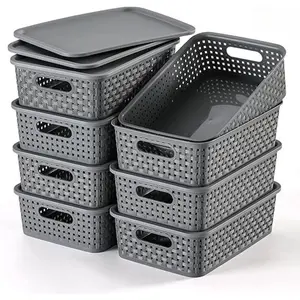 [ 8 Pack ] Plastic Storage Baskets With Lids, Small Pantry Organization, Stackable Storage Bins, Household Organizers for Cabinets Countertop, Drawers