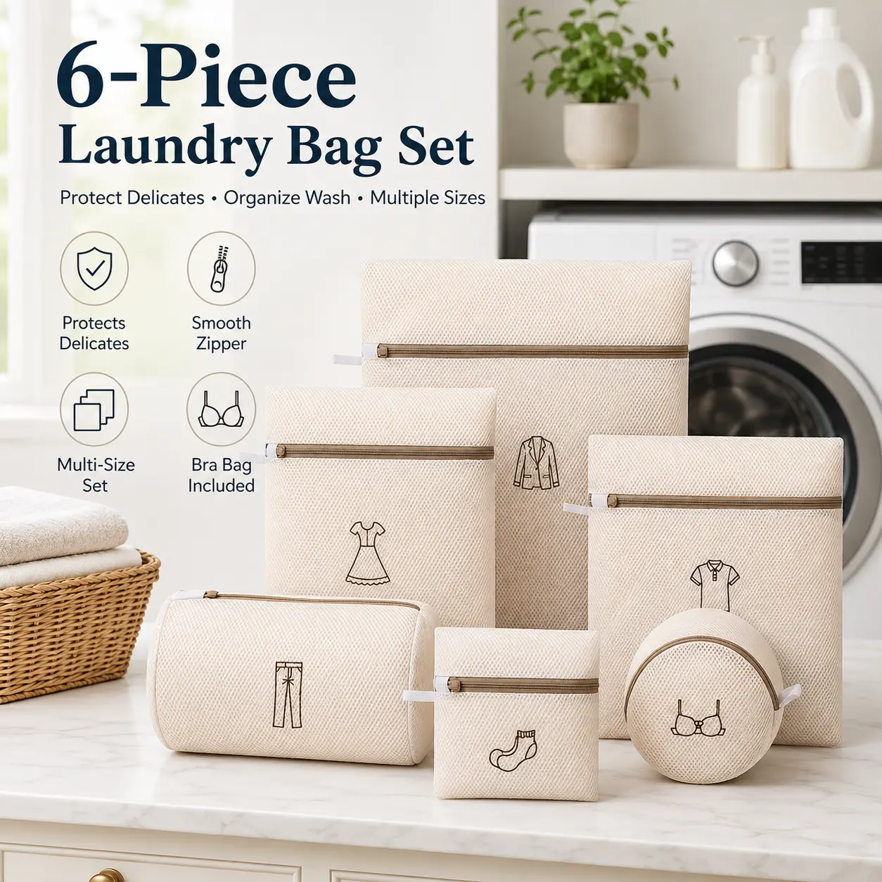 6-Size Mesh Laundry Bags Set with Auto-Lock Zipper, Double-Layer Anti-Deformation Protection, Machine-Washing Safe for Delicates, Lingerie, Bras, Blouse, Stockings, Laundry Tools & Accessories