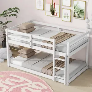 Solid Wood Twin-Over-Twin Floor Bunk Bed with Ladder Reinforced Slat Platform Low-Profile Design for Stability and Versatility