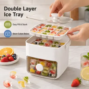 48-Cube Ice Cube Tray with Storage Bin, Double Layer Ice Maker Container with Easy Press Lid and Silicone Trays, Portable Countertop Ice Cube Maker for Drinks, Smoothies, Juice and Summer Beverages
