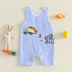 Infant Baby Boy Easter Striped Romper Carrot Truck Bunny Embroidered Sleeveless Jumpsuit Overall Shorts 0-18 Months