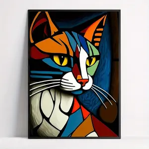 Picasso Cat Abstract Art Print, Frameless Canvas Poster, Modern Retro Art Deco Style, Animal Theme Wall Hanging Decor for Home Office, Living Room, Bedroom, Indoor Use - Ink on Canvas, Cat Decor Ornaments Decoration Artistic Photo Painting