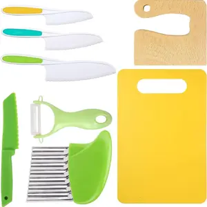 8 Pcs Wooden Kitchen Knife Set for Kids - Includes Safe Knives, Serrated Plastic Knives, Potato Slicers, Sandwich Cutter, Peeler and Cutting Board