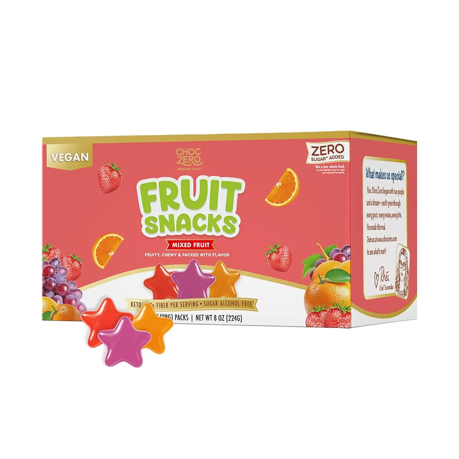 ChocZero Sugar Free Fruit Snacks Made with Real Fruit, Keto Gummy Candy, High Fiber, No Sugar Alcohols, 50 Calories Per Pack, 8 Snack Packs